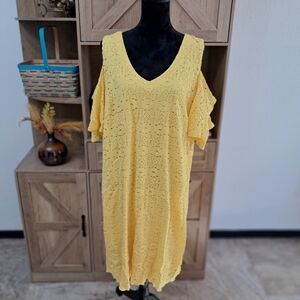 Ronni Nicole Shift Midi Dress Yellow Crochet Lace Geometric Cold Shoulder Boho
